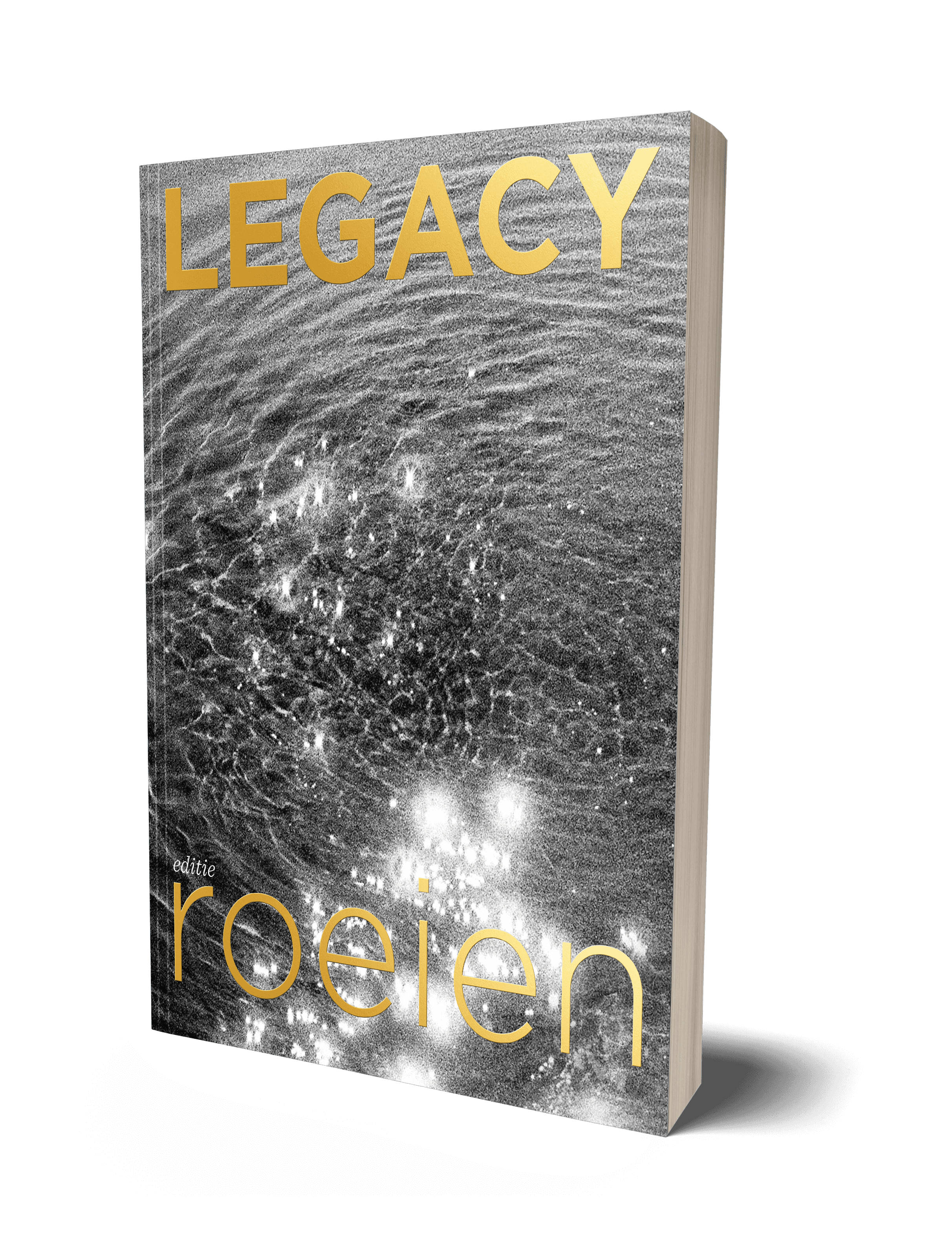 LEGACY editie ROEIEN — boekomslag met waterstructuur en gouden titel